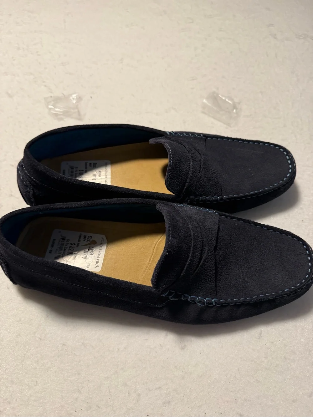 Donald J. Pliner Navy Suede Penny Loafers with Light Blue Stitching